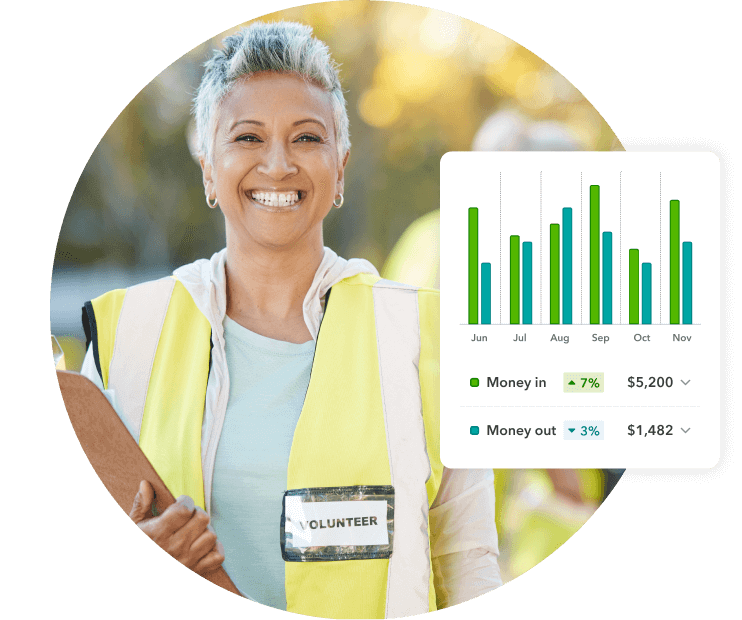 Volunteer worker in safety vest holding clipboard, outdoors. Graphic of monthly cash flow financial chart.   